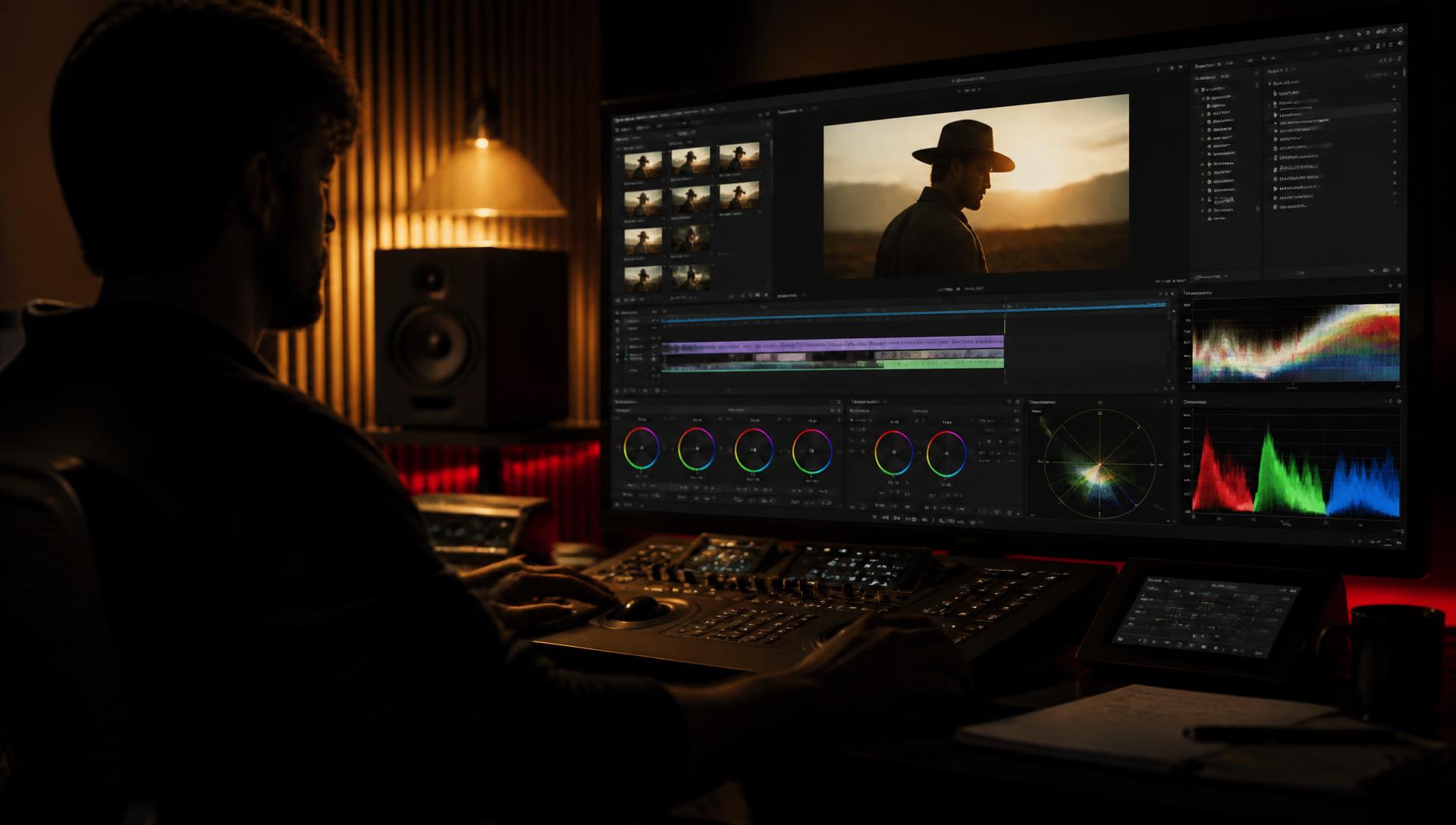 Colourist grading a cinematic film in a professional video editing suite