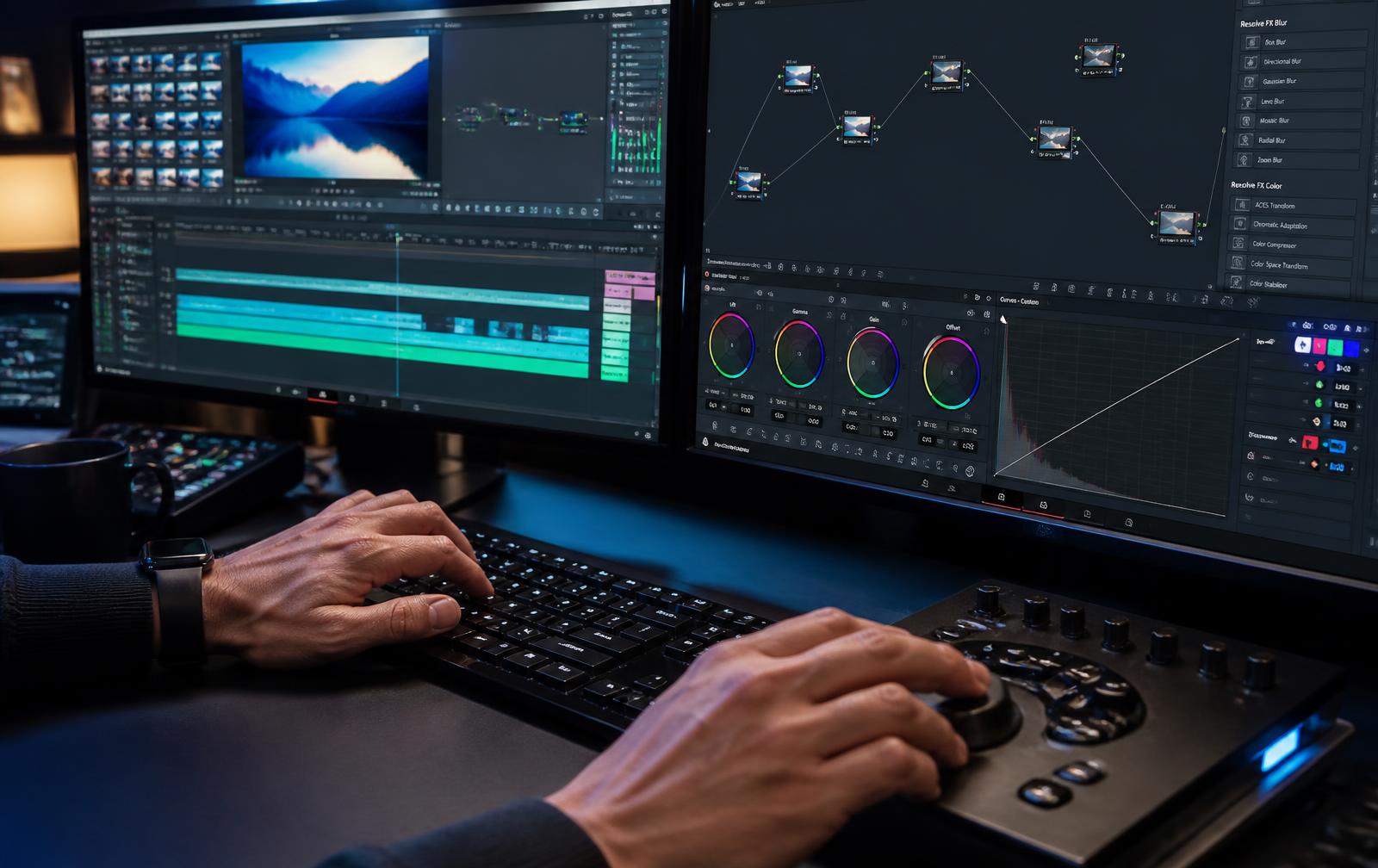 Colour grading and editing suite with timeline and node graph on screen