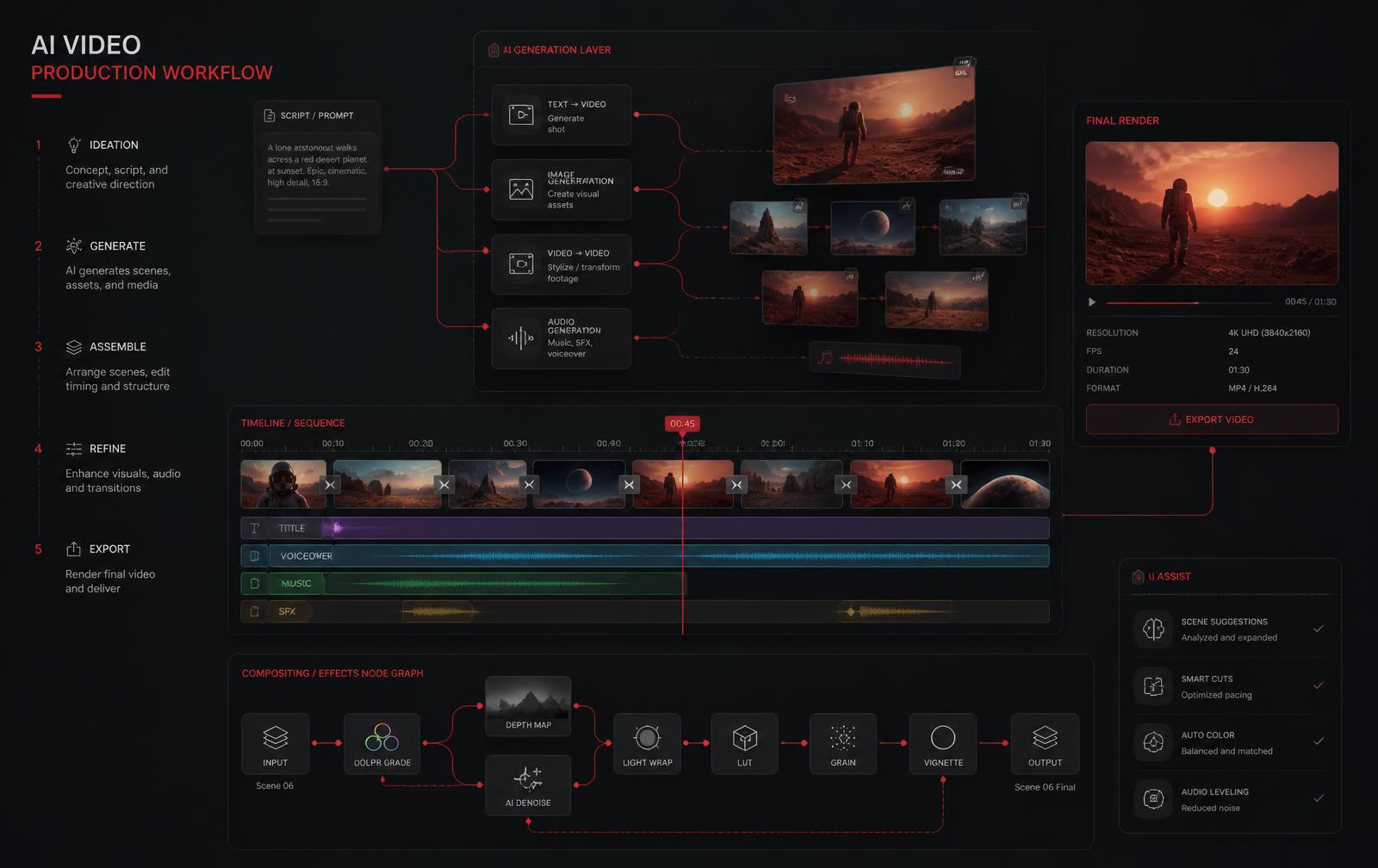 Diagram of an AI-assisted video production workflow from script to final render